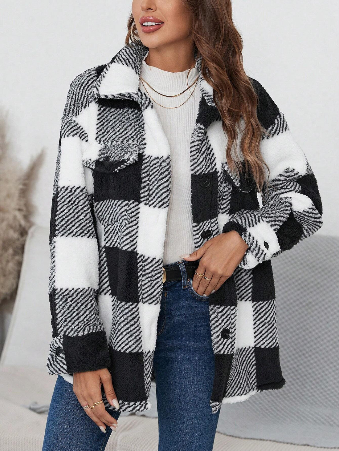 Sandeluxe Furry Plaid Coat