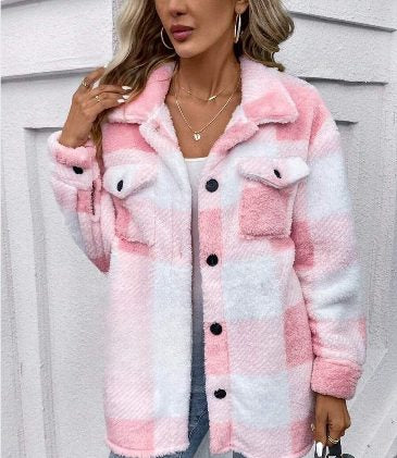 Sandeluxe Furry Plaid Coat