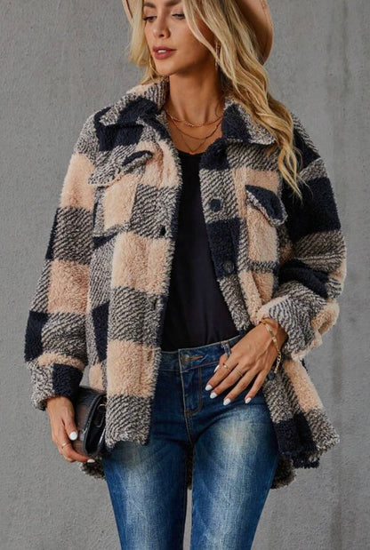 Sandeluxe Furry Plaid Coat